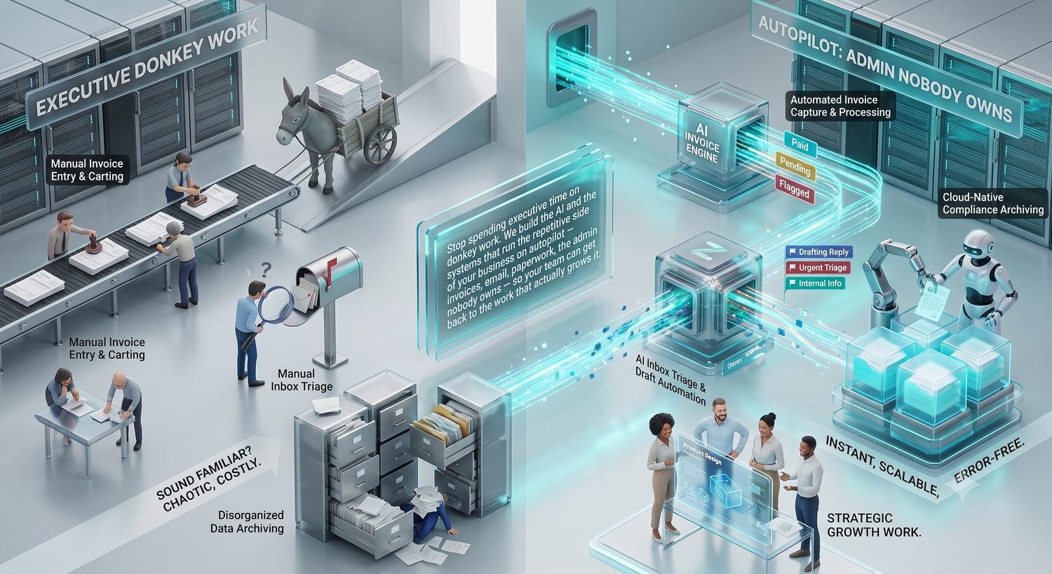 Manual invoice entry, inbox triage and paper archiving on one side; automated invoice capture, AI inbox triage and cloud archiving on the other